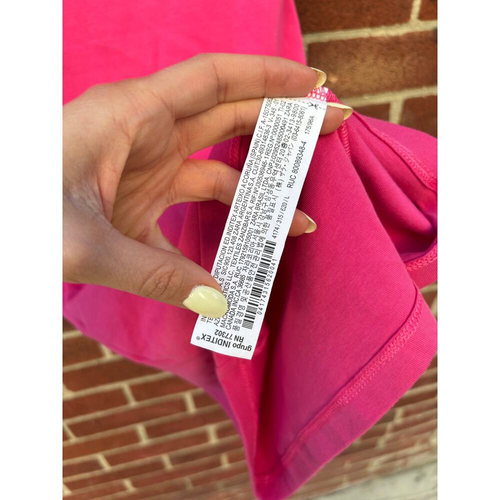 Zara Hot Pink Bodycon Mini Dress Size Large Spaghetti Strap Stretch Club - Picture 5 of 8